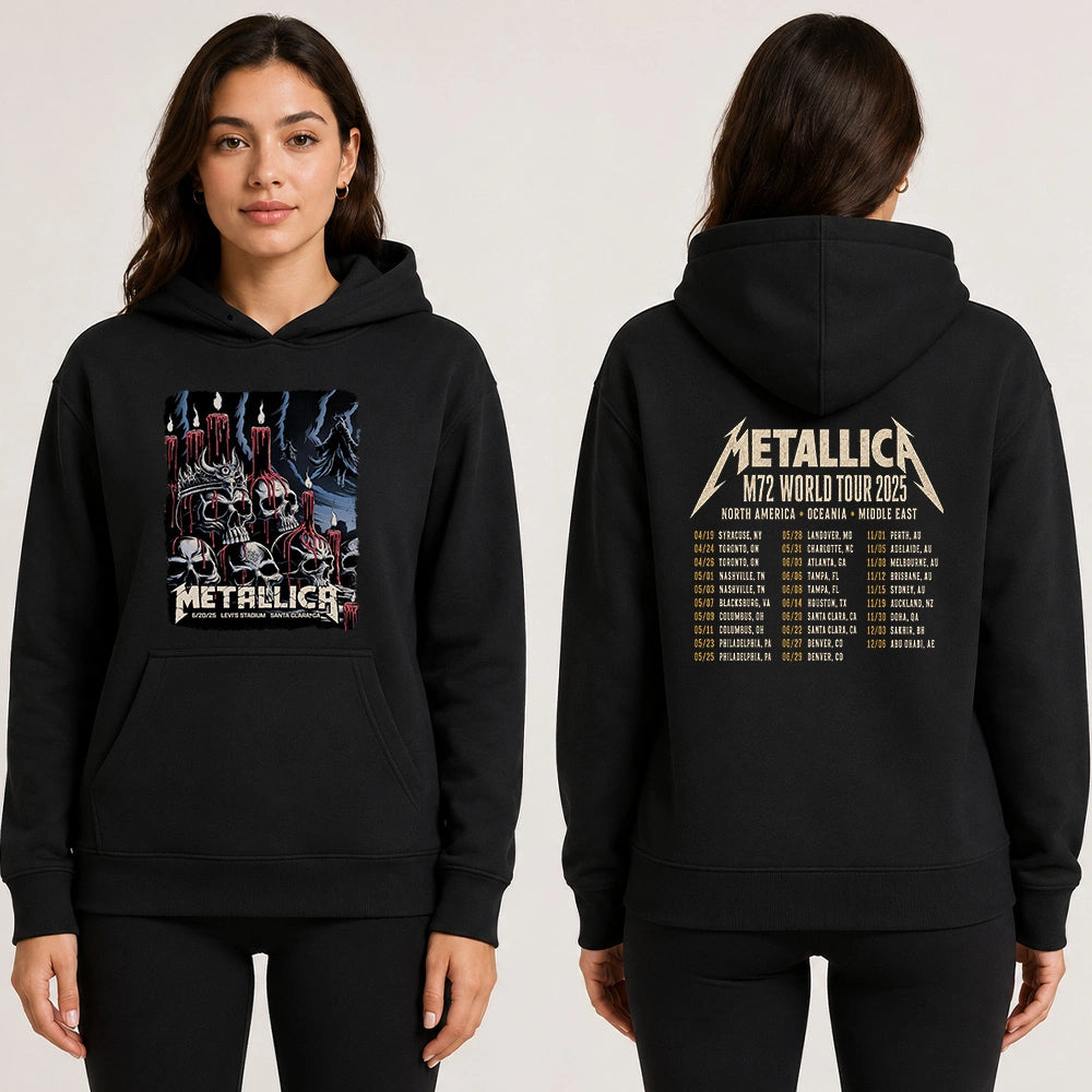 Metallica M72 World Tour June 20 2025 Levi's Stadium Santa Clara California United States 2 side T-shirt by Brandon Heart featuring skulls, melting red candles, a horned skull altar, ghostly cloaked figures, dark smoke and M72 tour back print.